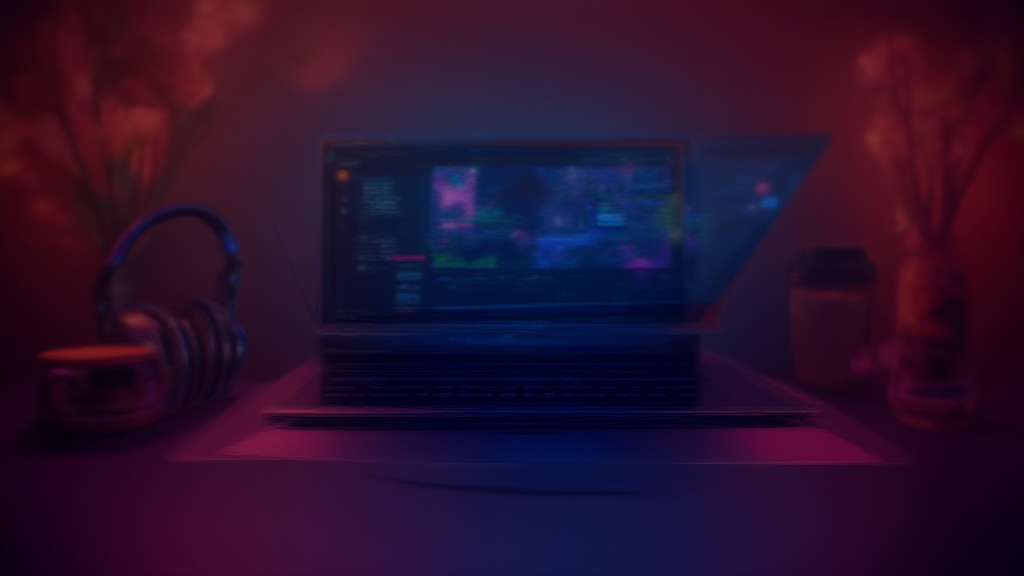 A simple editing setup showing a laptop, headphones, and a coffee cup